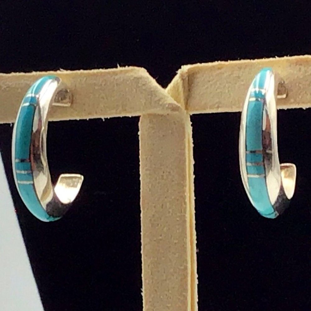 Sterling Silver Turquoise Inlay Hoop Earrings 6g 3/4”